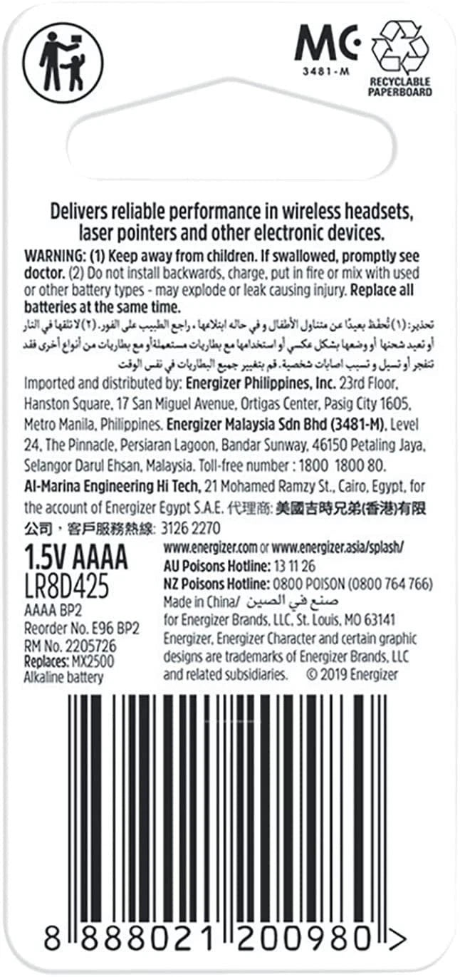 Energizer AAAA Batteries, 1.5V Alkaline AAAA Battery (2 Pack)