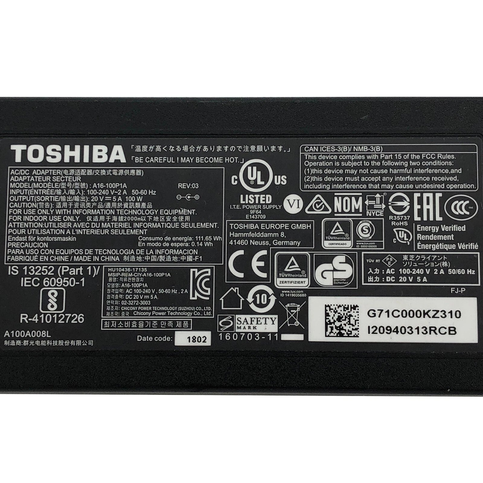 Open Box Genuine Tohsiba A16-100P1A AC Power Adapter 20V 5A 100W Yellow Tip