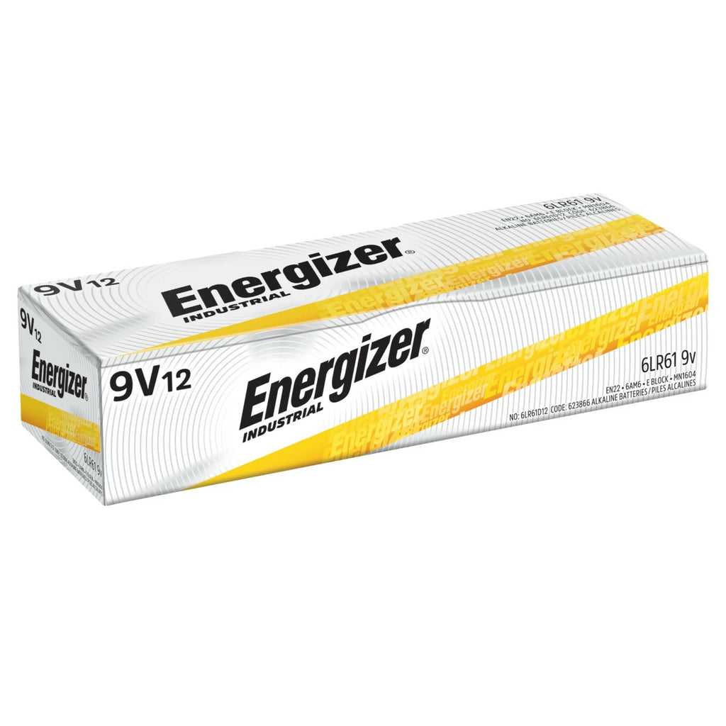 12 Energizer Industrial 9 Volt (9V) Alkaline Batteries (EN22, 6LF22, 6AM6)