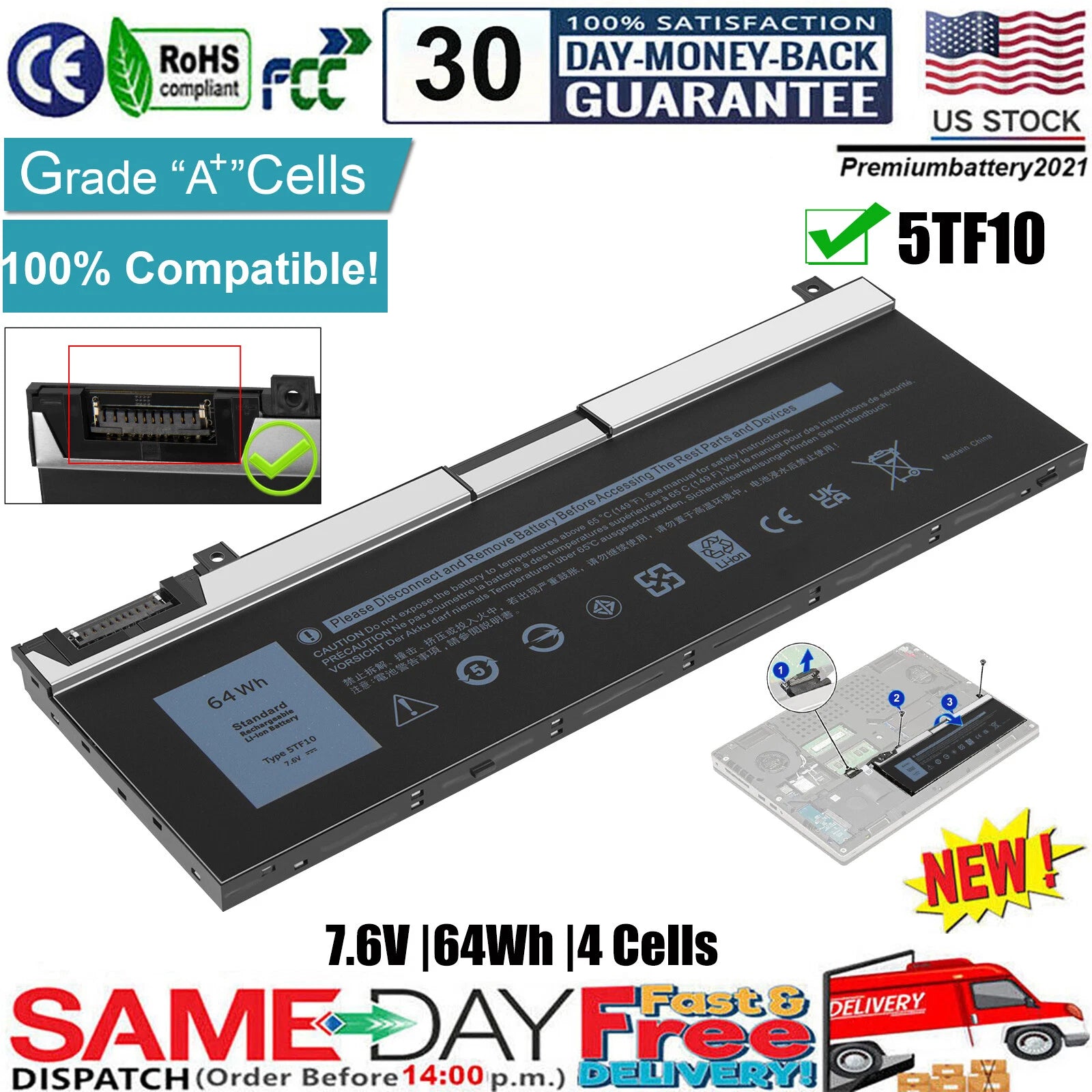 ?64Wh Battery 5TF10 For Dell Precision 7530 7540 7730 7740 7M0T6 GHXKY P34E P74F
