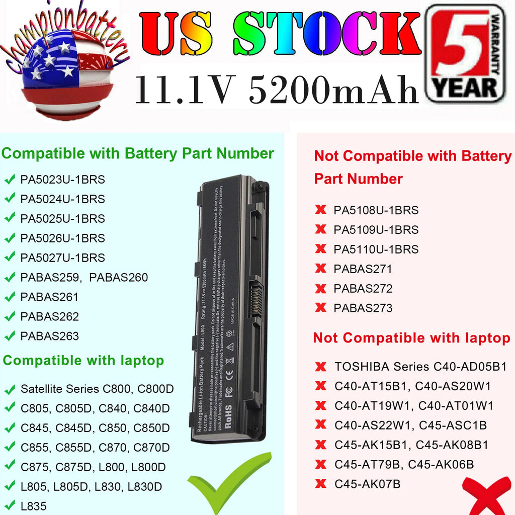 BATTERY FOR TOSHIBA SATELLITE PA5024U-1BRS C850 C855 C55 L800 6CELL