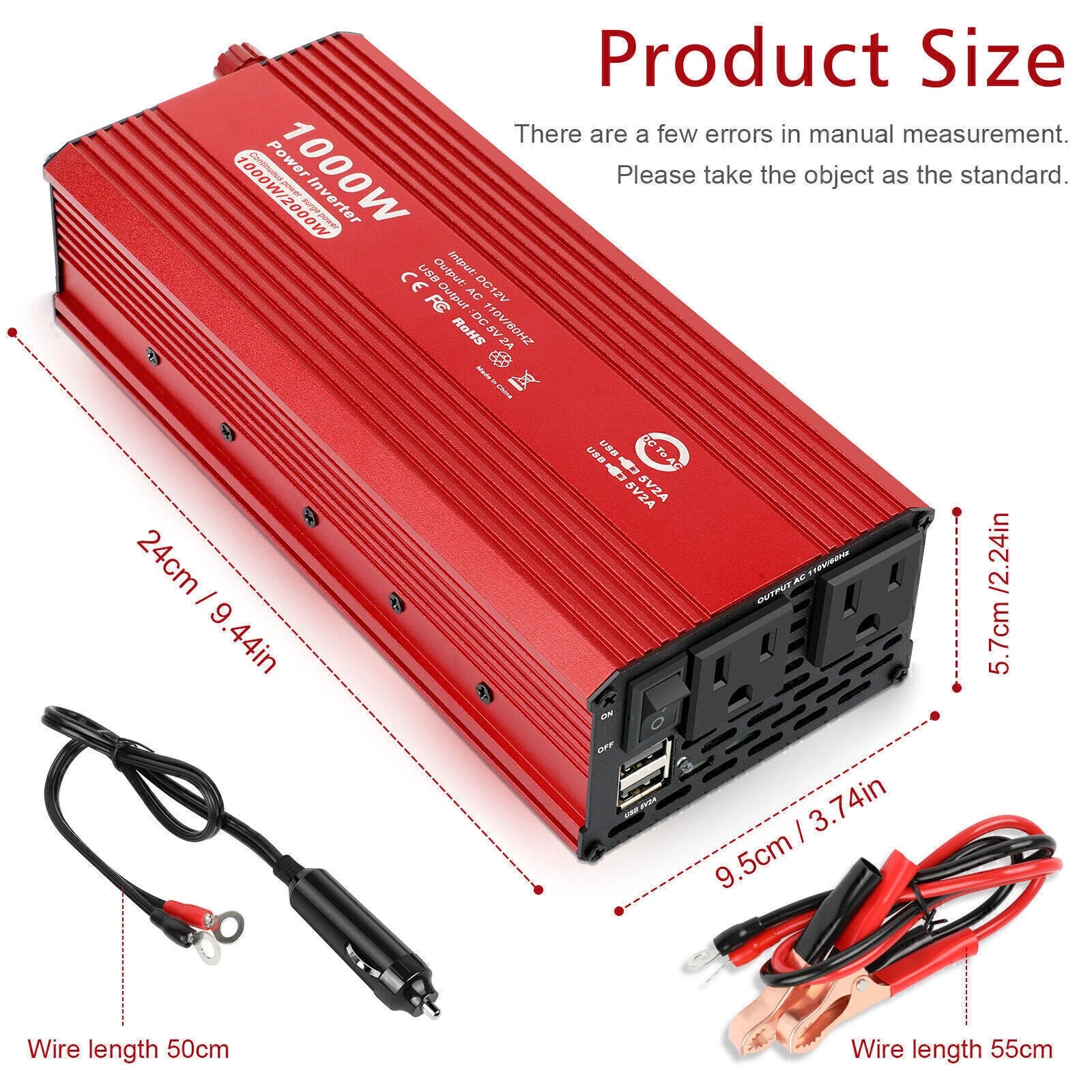 1000W Car Power Inverter Converter Adapter Charger 12V to 110V 2USB 2Socket Trip
