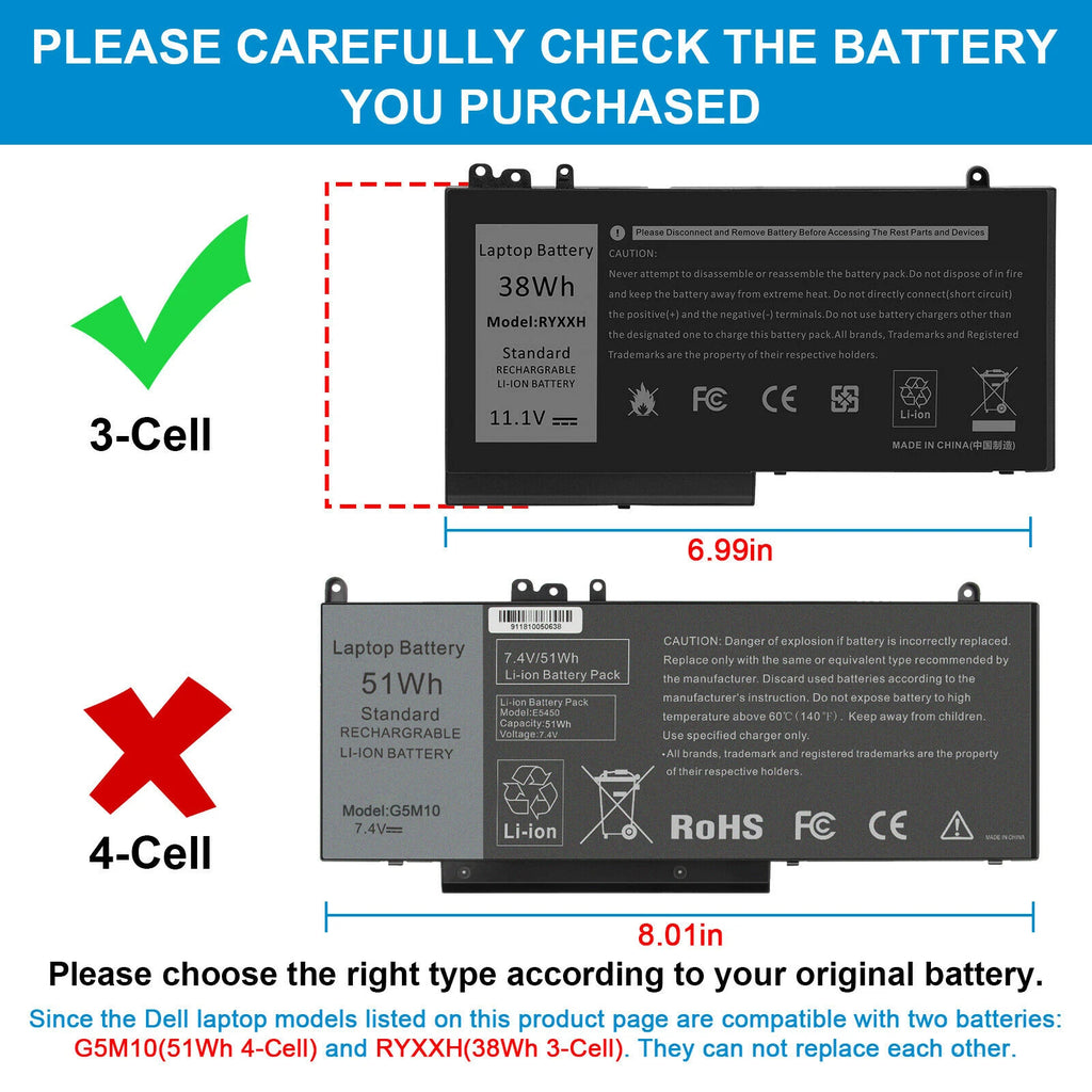 Battery RYXXH 38Wh For Dell Latitude E5250 E5450 11 3150 3160 Series 9P4D2 R5MD0