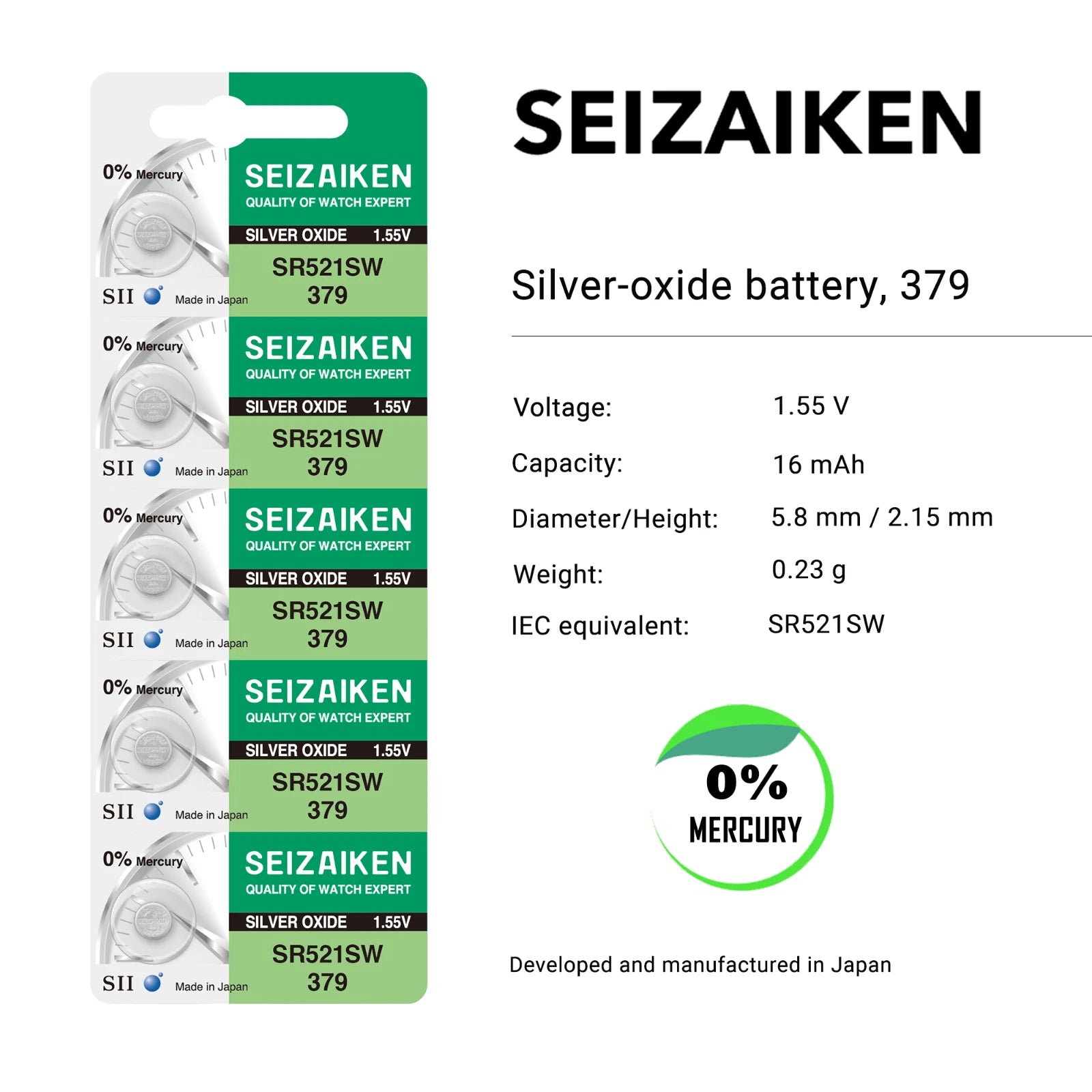 Seizaiken 379 SR521SW 1.55V 0%Hg Silver Oxide Watch Battery