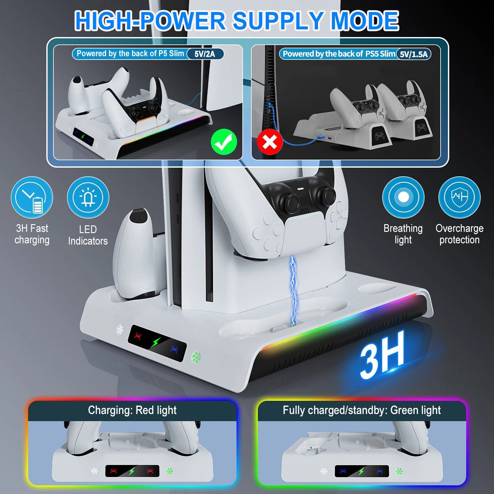 PS5 Slim Stand Cooling Fan PS5 Controller Charging Station for Sony Playstation5