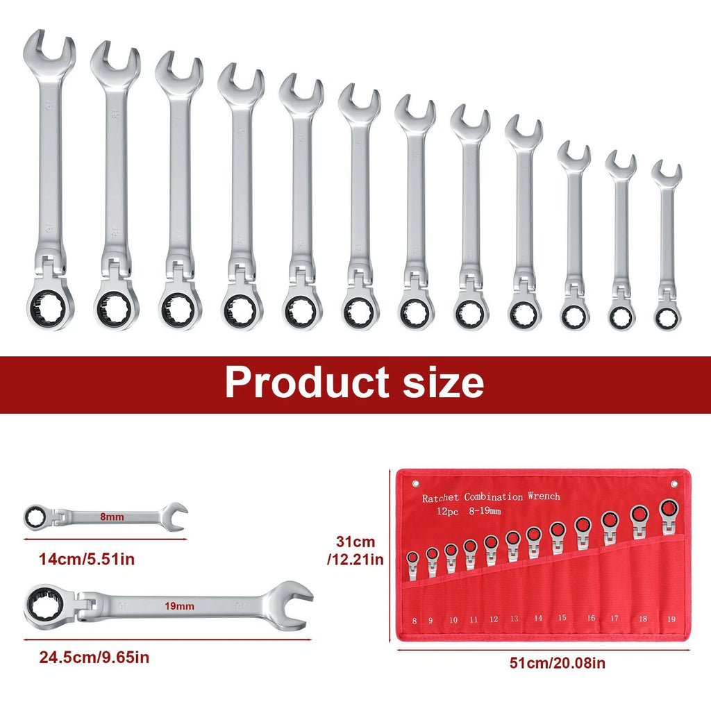 12Pc Metric Flexible Head Ratcheting Spanner Wrench Tool Set 8-19mm+Roll Bag2026