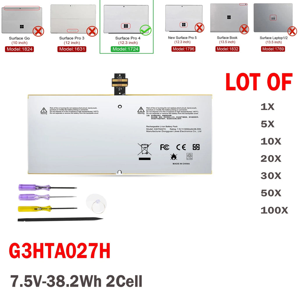 LOT G3HTA027H Battery For Microsoft Surface Pro 4 1724 12.3" Tablet DYNR01 38.2W