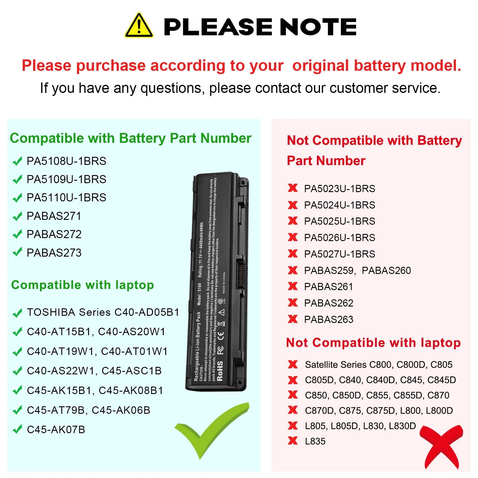PA5024U-1BRS PA5109U-1BRS Battery for Toshiba C50-A C50D-A C70-A C850 PA5023U-1B