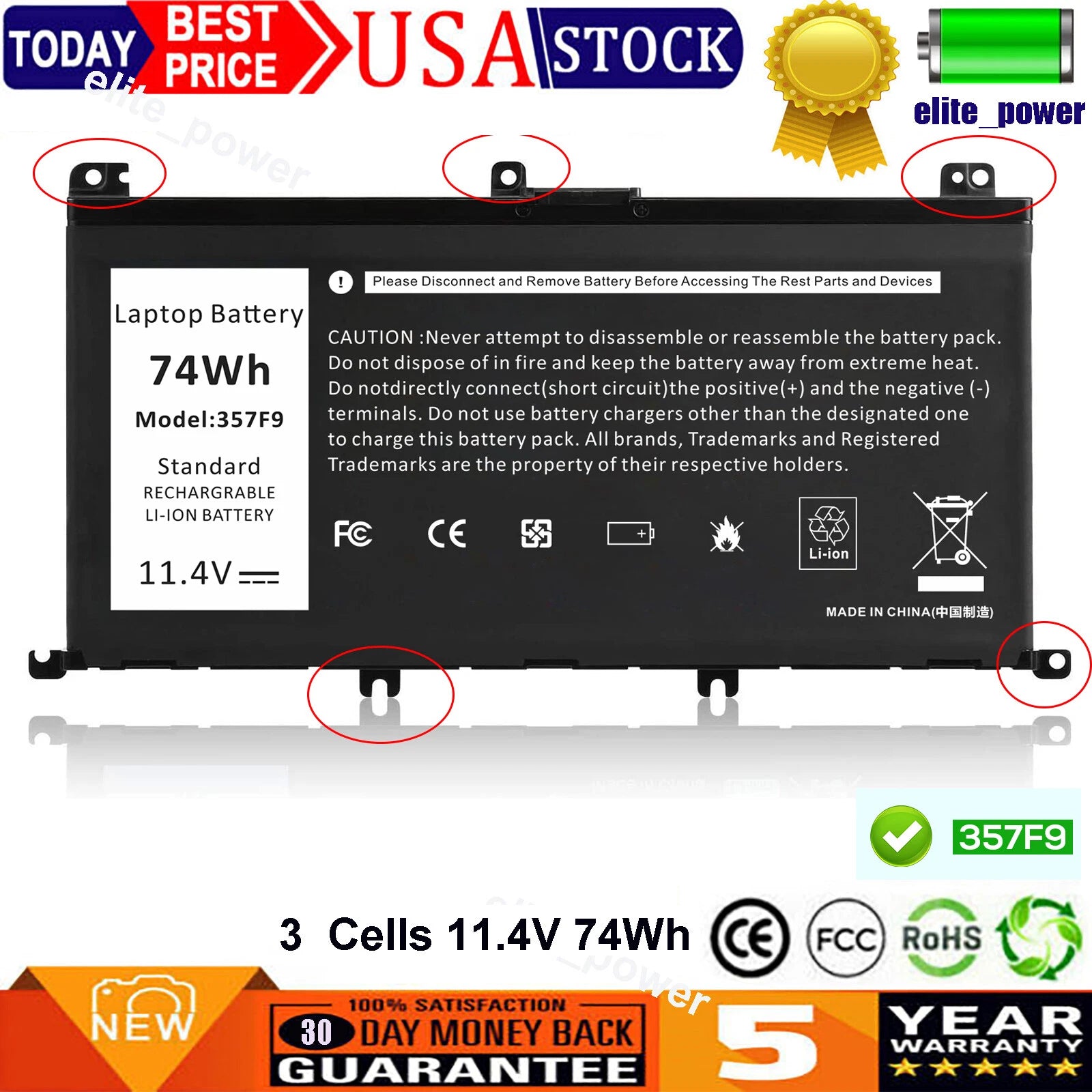 Battery 357F9 For Dell Inspiron 15 5576 5577 7566 7567 7557 7559 Type 0GFJ6 74Wh
