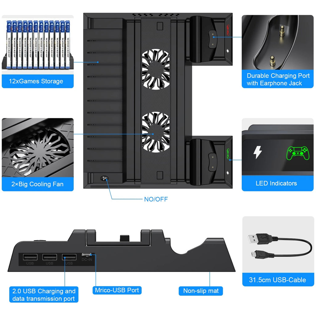 Vertical Stand Cooling Fan PS4 Controller Charging Dock for PS4/PS4 Slim/PS4 Pro