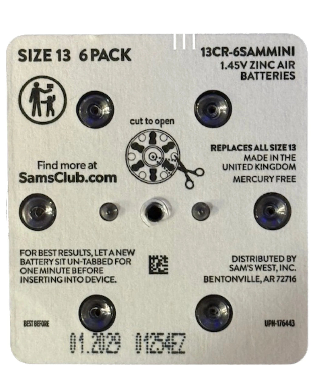 6pk 1.45V Size 13 Hearing Aid Battery Zero Mercury Long Tab Easy to Insert
