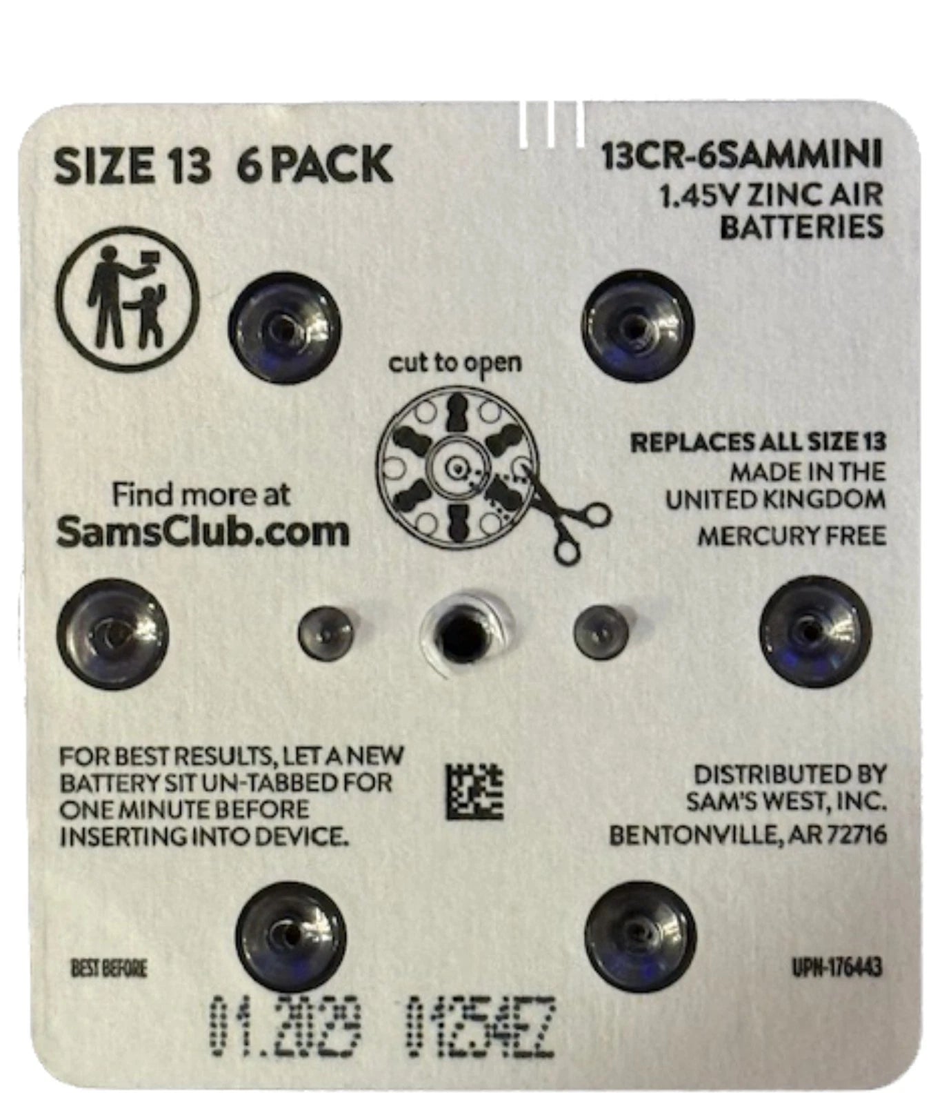 6pk 1.45V Size 13 Hearing Aid Battery Zero Mercury Long Tab Easy to Insert