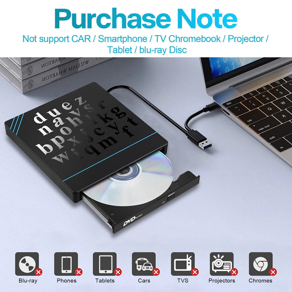 USB External CD RW DVD ROM Writer Burner Player Drive PC Laptop for Mac Windows