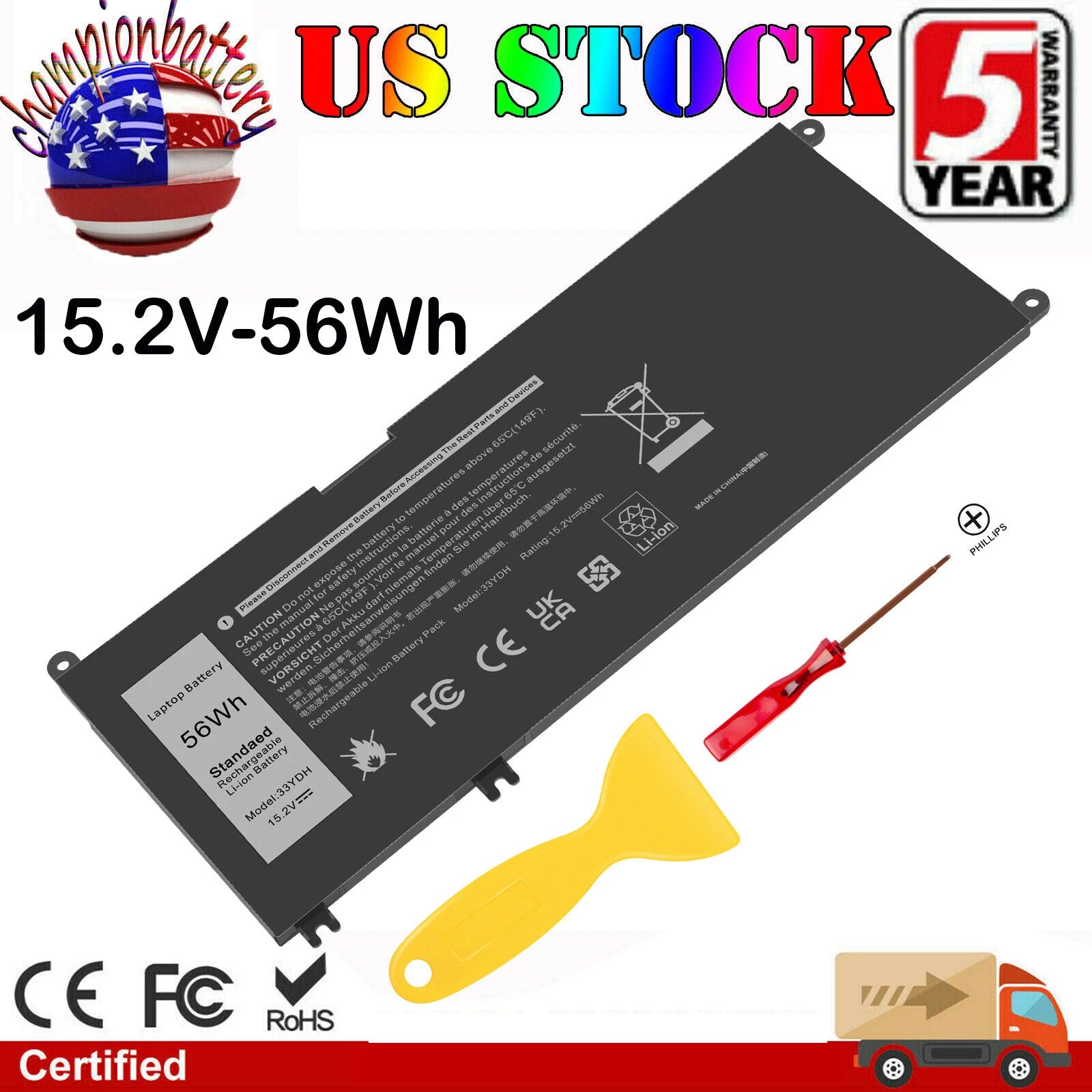 56Wh 33YDH Battery for Dell Inspiron 17 7000 7778 7779 7786 7773 Latitude 3380