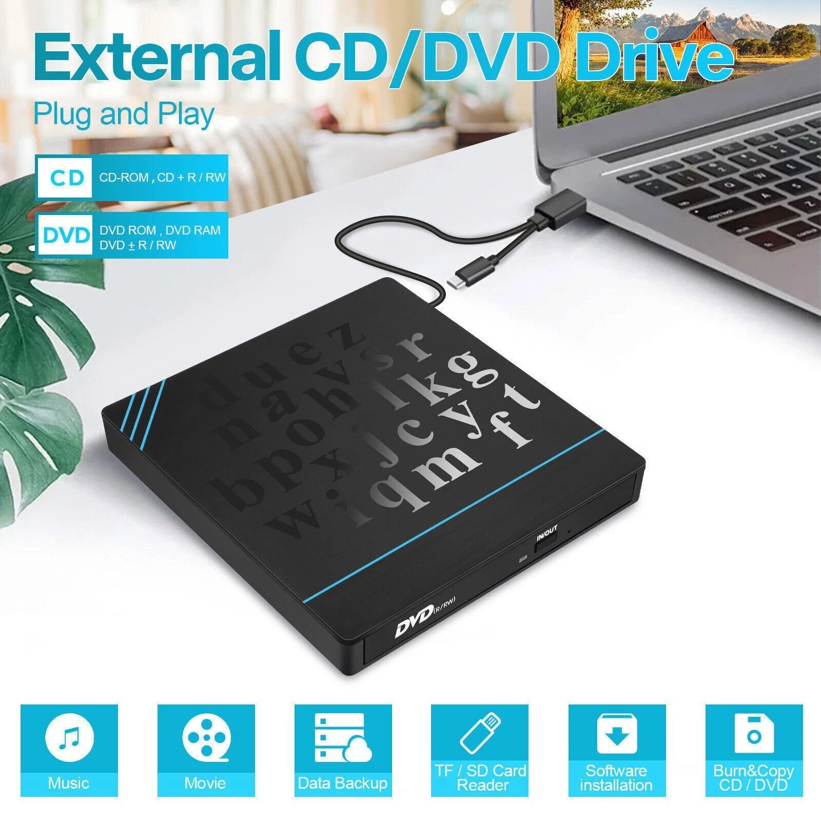 Laptop Desktop PC Windows 11/10 Linux Mac OS External CD/DVD Drive Burner Player
