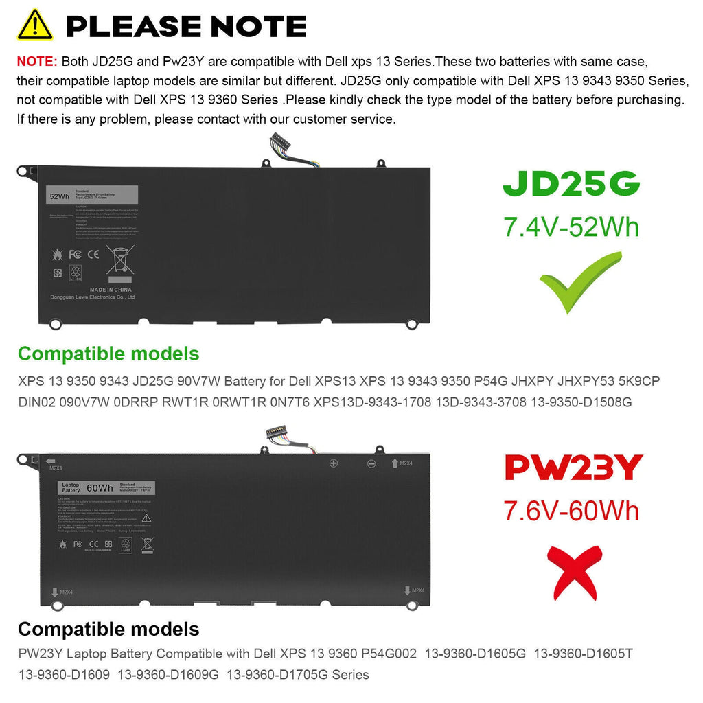 JD25G Battery For Dell XPS 13 9343 13 9350 0DRRP 0N7T6 5K9CP 90V7W JHXPY P54G