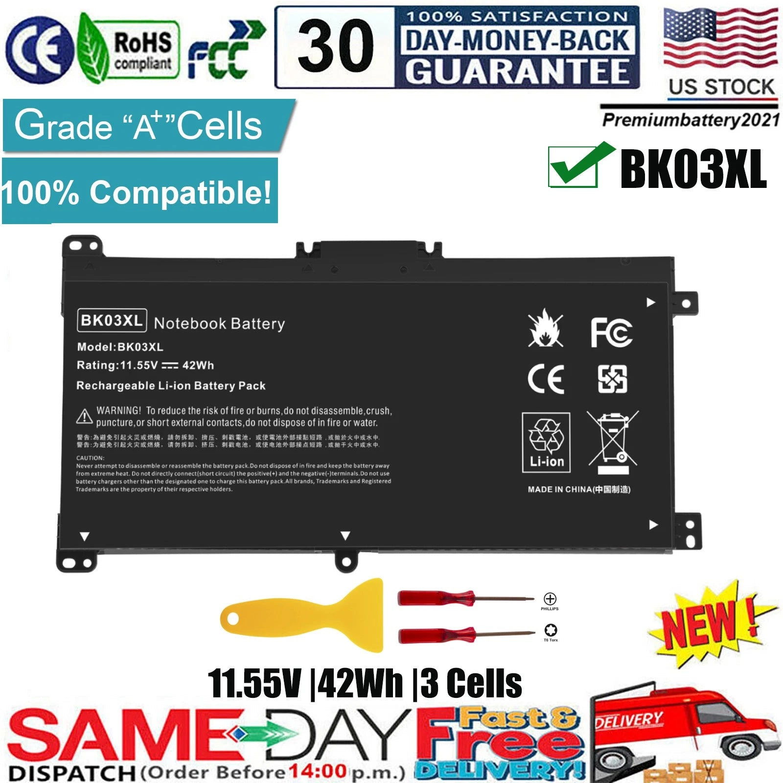 BK03XL Battery for HP Pavilion x360 14-BA000 14m-ba011dx 916811-855 HSTNN-LB7S