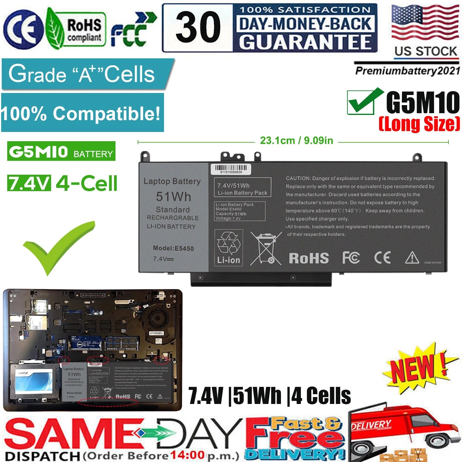?G5M10 Battery for Dell Latitude E5450 E5550 15.6 inch WYJC2 8V5GX 7.4V 51Wh NEW