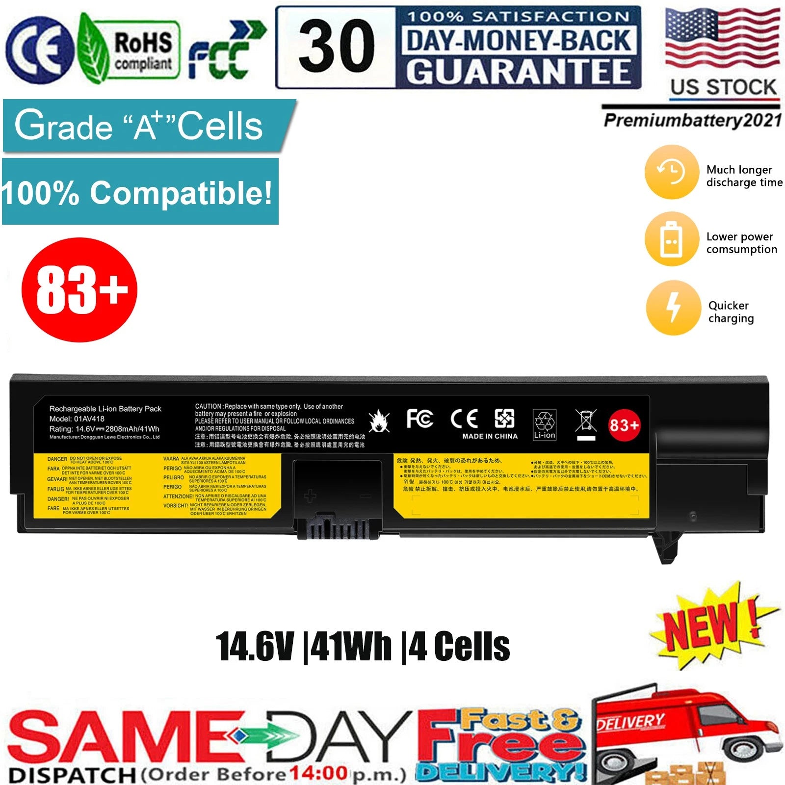 ?01AV418 Laptop Battery For Lenovo Thinkpad 01AV416 01AV417 E570 E570c E575 83+