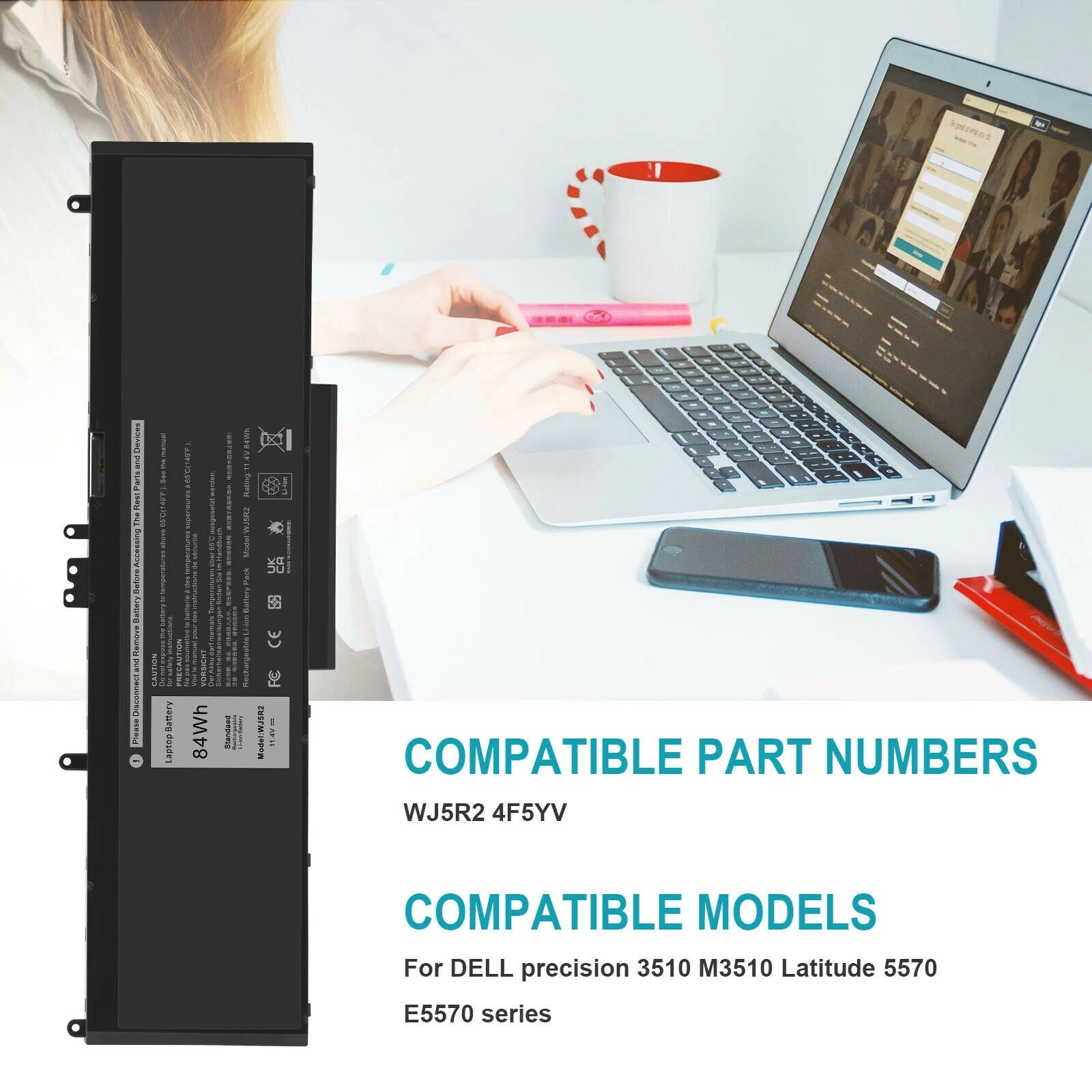 WJ5R2 Battery For Dell Latitude E5570 Precision 3510 M3510 Series 4F5YV 84Wh