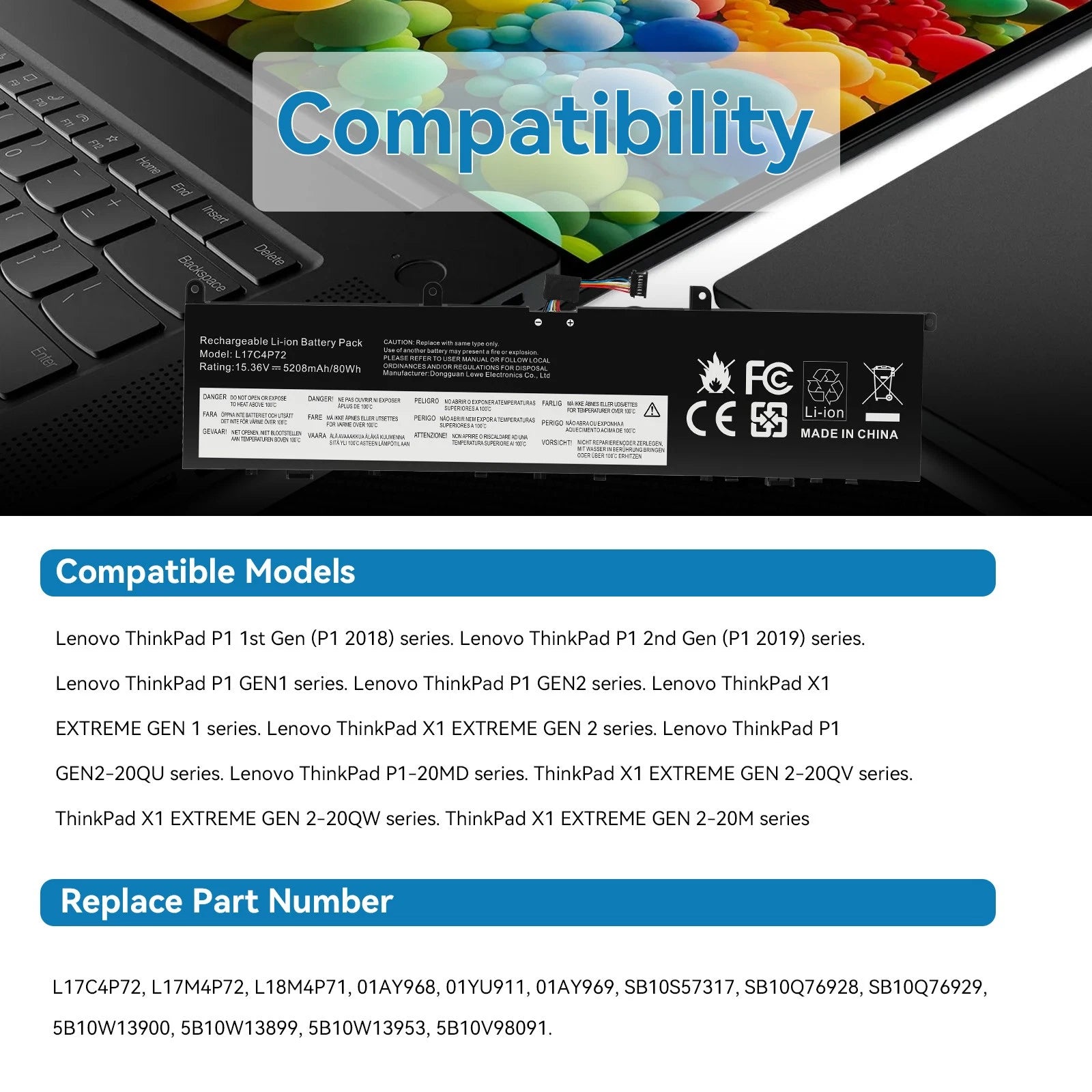 L17C4P72 L17M4P72 L18M4P71 Battery For Lenovo ThinkPad P1 X1 Extreme X1E 01YU911