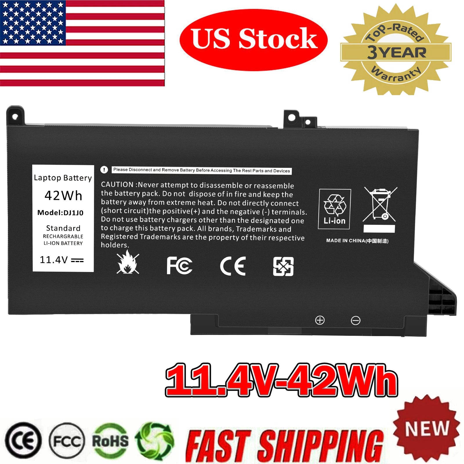 DJ1J0 Laptop Battery for Dell Latitude 12 7280 7290 13 7380 7390 14 7480 7490 US