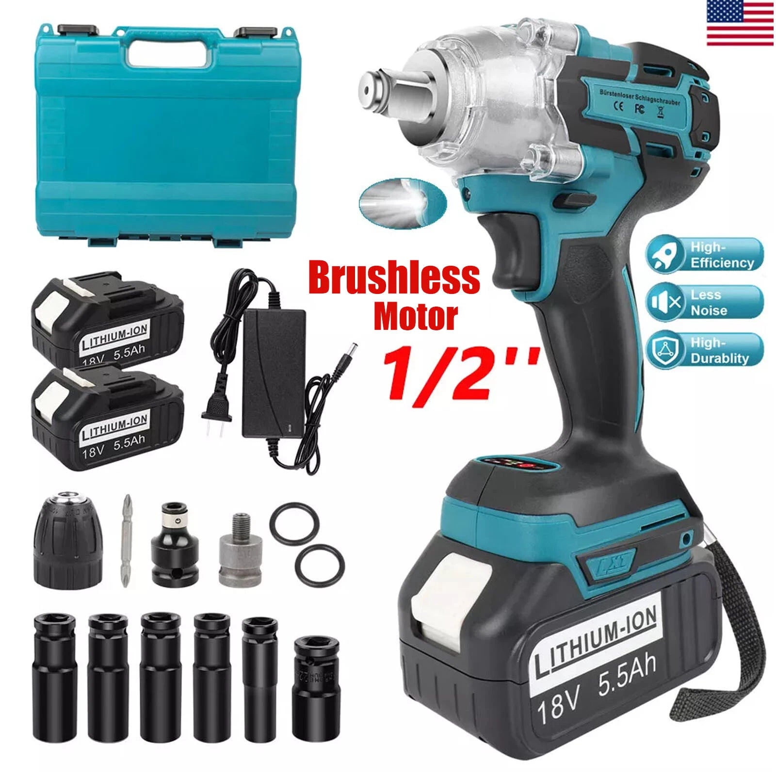 Cordless Brushless Electric Impact Wrench 1/2'' w/ 5.5Ah battery Power Driver