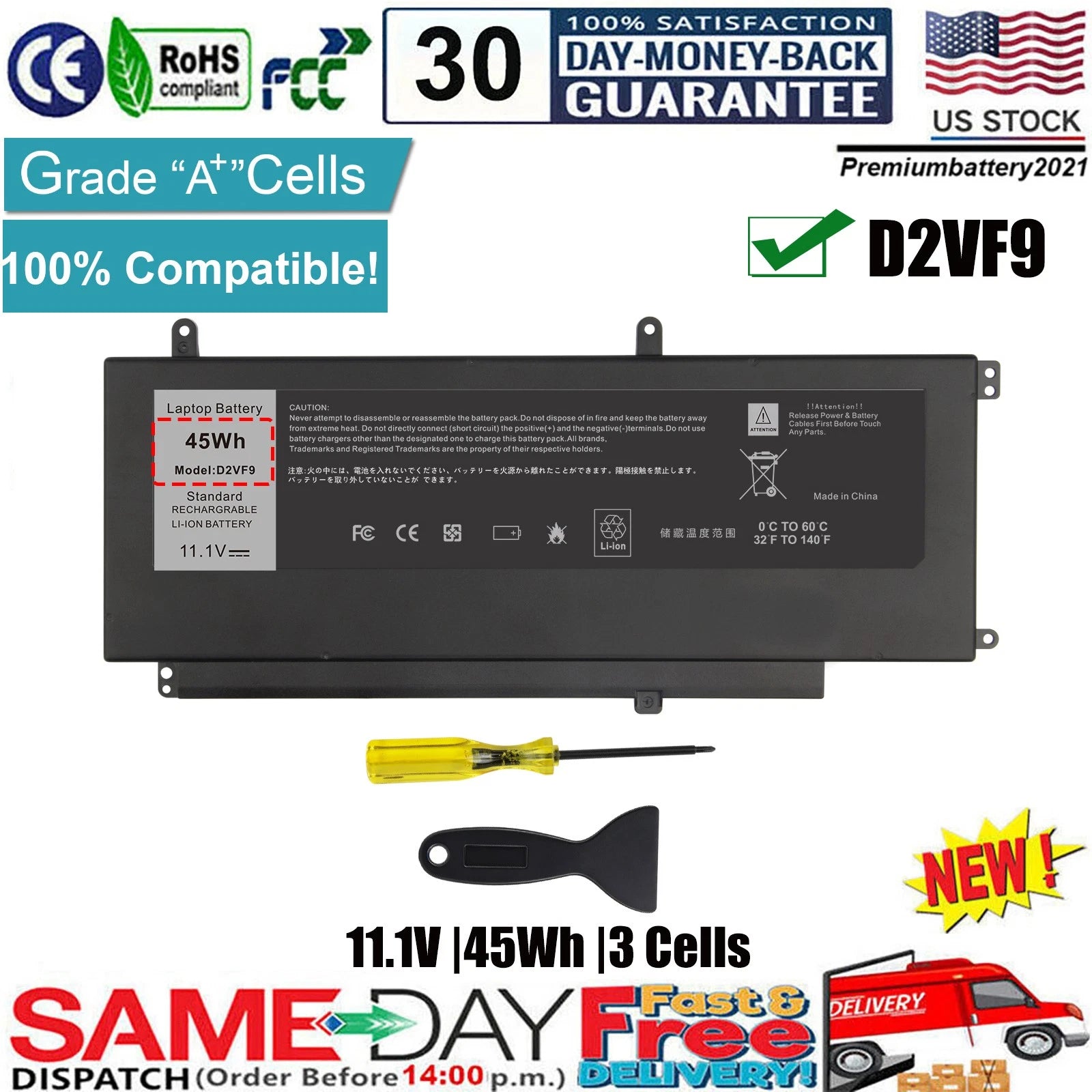 D2VF9 Battery for Dell Inspiron 15 7547 7548 0PXR51 PXR51-11.1V 45WH Laptop Fast