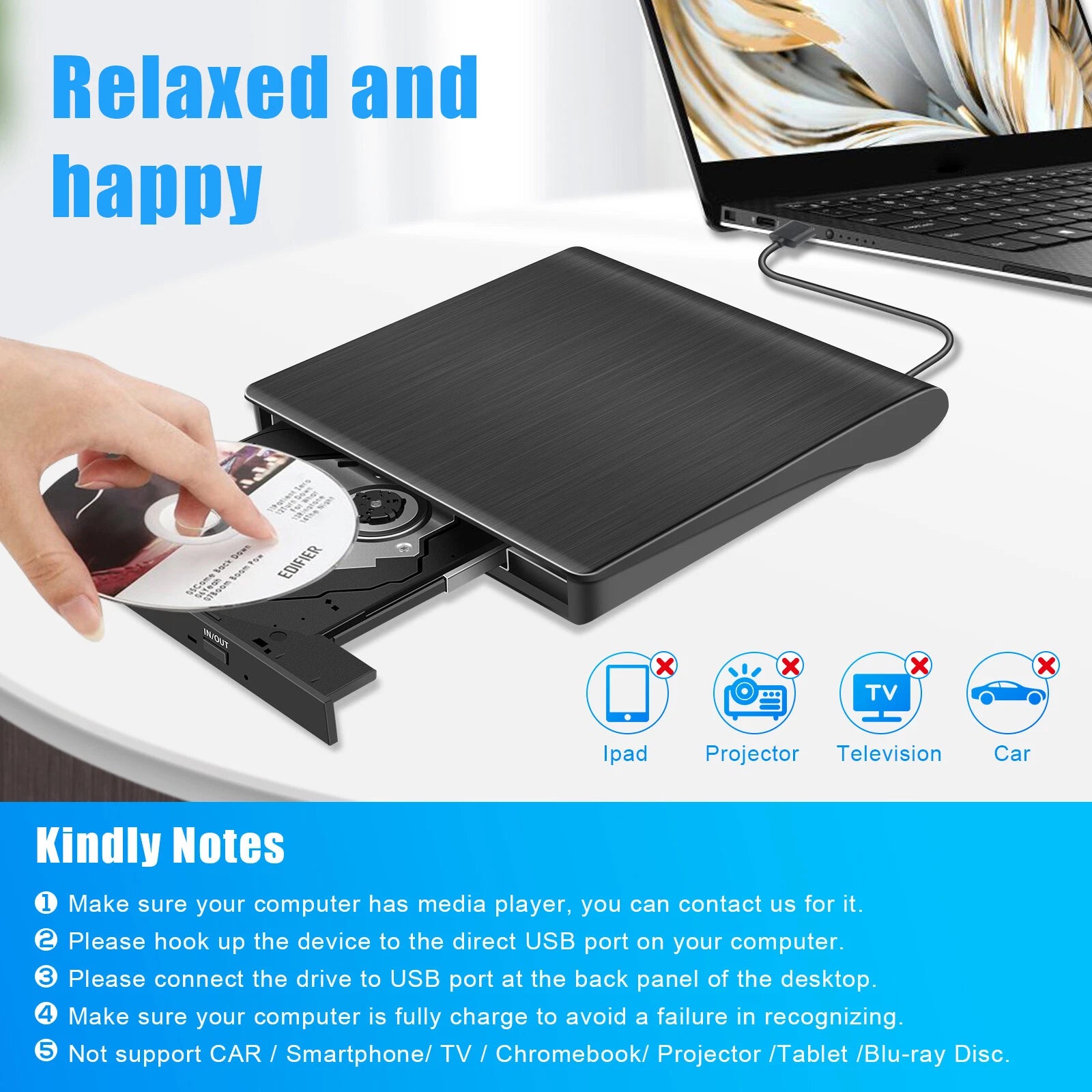 External Slim USB 3.0 CD DVD + RW Drive Writer Burner Hard Disk Player Reader PC