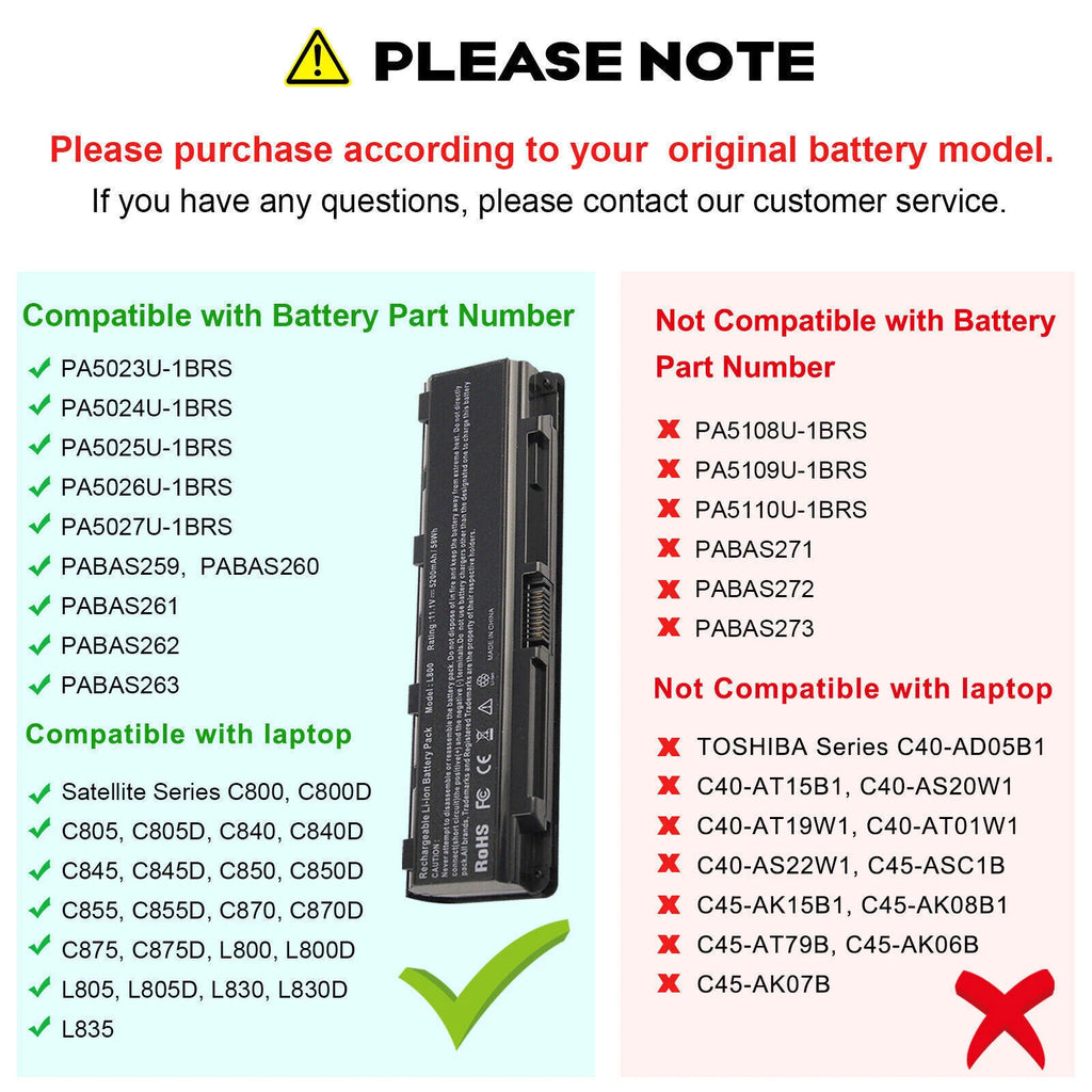 PA5024U-1BRS Notebook Battery For Toshiba Satellite C850 PABAS260 PA5027U-1BRS