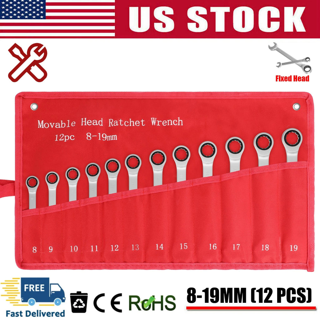 ?12pc 8-19mm Ratcheting Wrench Metric Fixed Head Combination Spanner Tool 2026