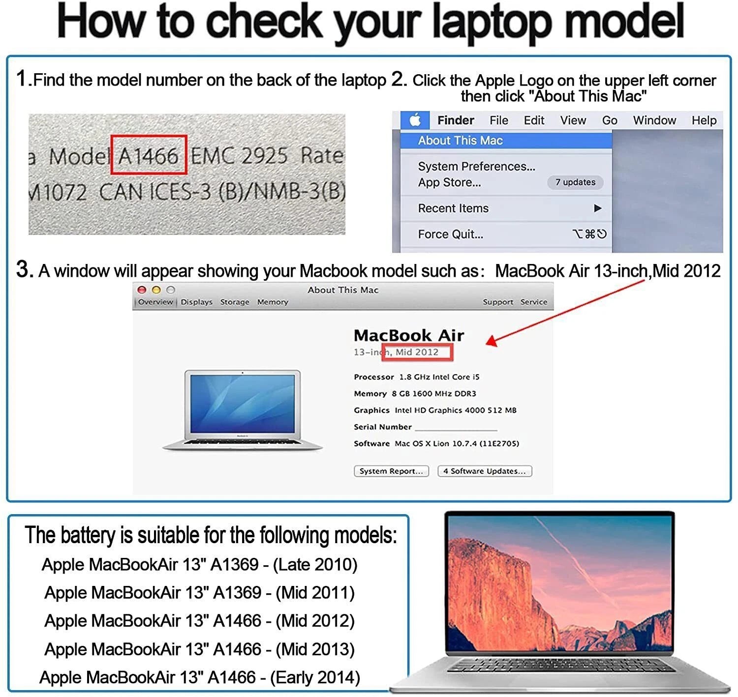 A1405 Battery For Macbook Air 13" A1496 A1466 Mid 2012-2013 Early 2014 2015