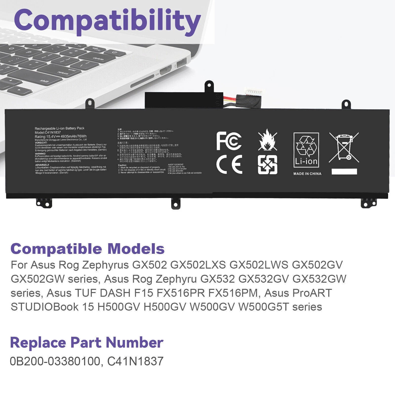 ??Replace C41N1837 Battery For ASUS ROG Zephyrus GA502 GU502G GA502DU GU532 76WH