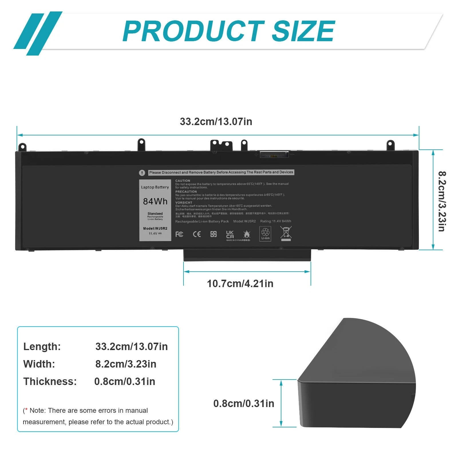 WJ5R2 Battery For Dell Latitude E5570 Precision 3510 M3510 Series 4F5YV 84Wh