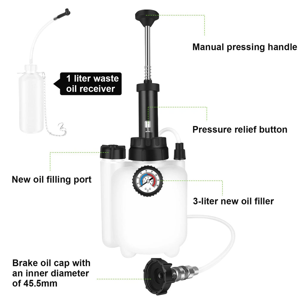3L Brake Bleeder Kit Manual Fluid Pump with 4 Master Cylinder Adapters 1L Bottle