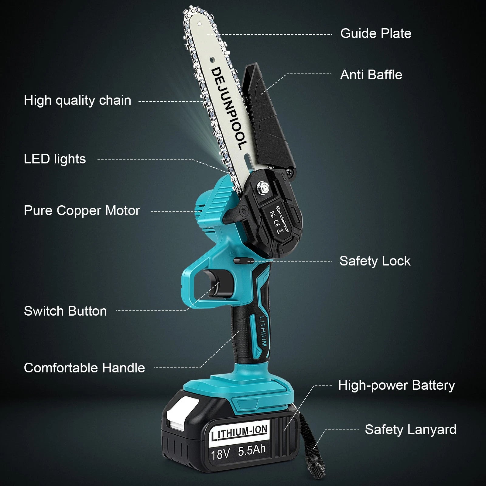 DEJUNPIOOL 6" Mini Handheld Electric Chainsaw Cordless 18V 5.5Ah Battery Power