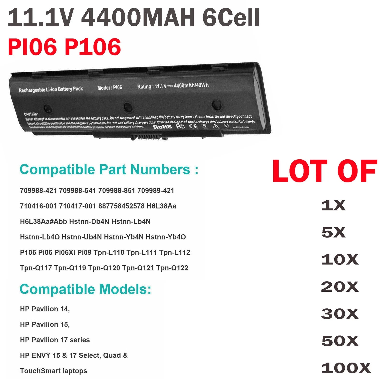 ??LOT 100X PI06 P106 Battery For HP Envy 15 17 709988-421 710416-001 HSTNN-LB4N