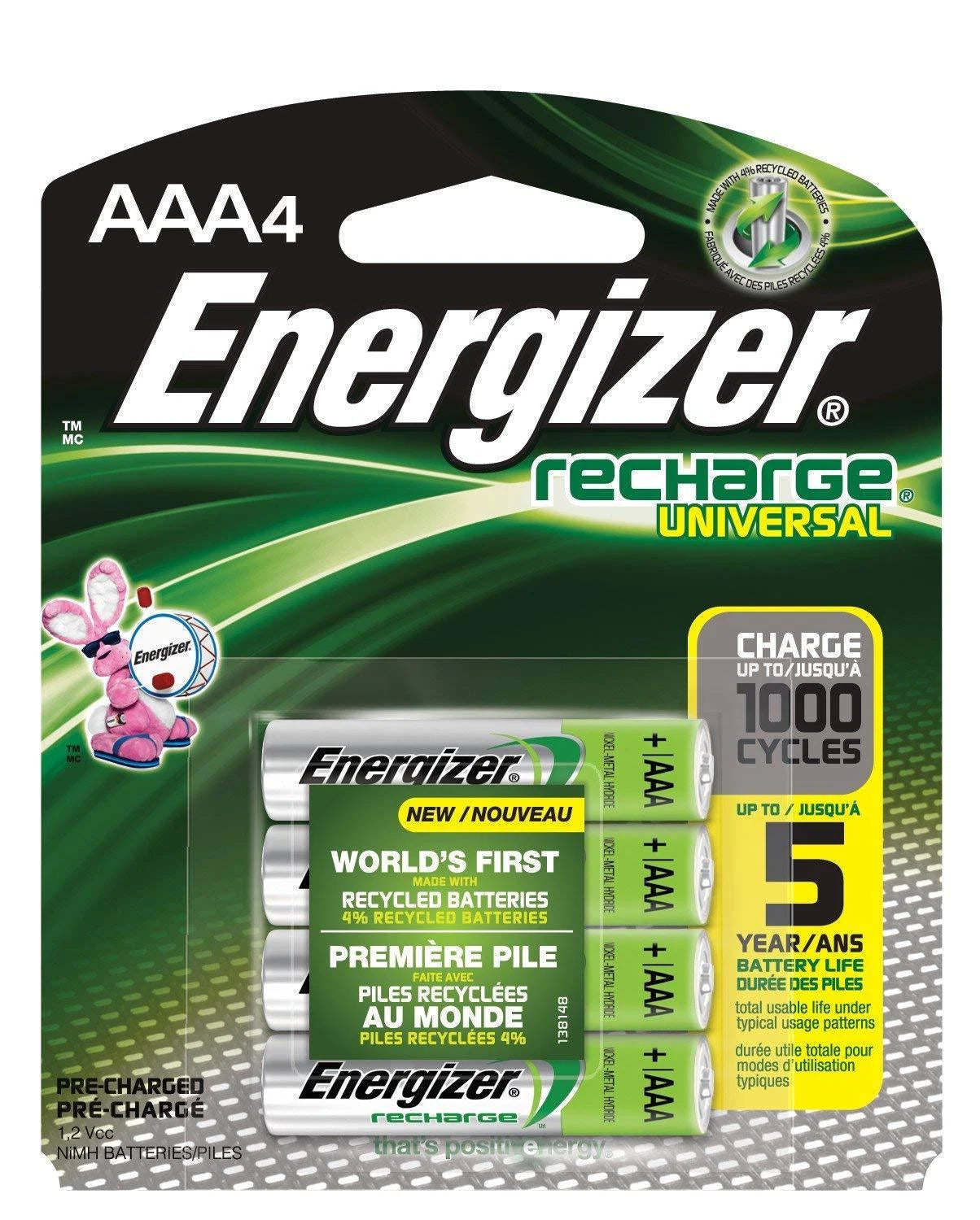 4 Energizer Pre-Charged Universal 700mAh Rechargeable AAA Batteries
