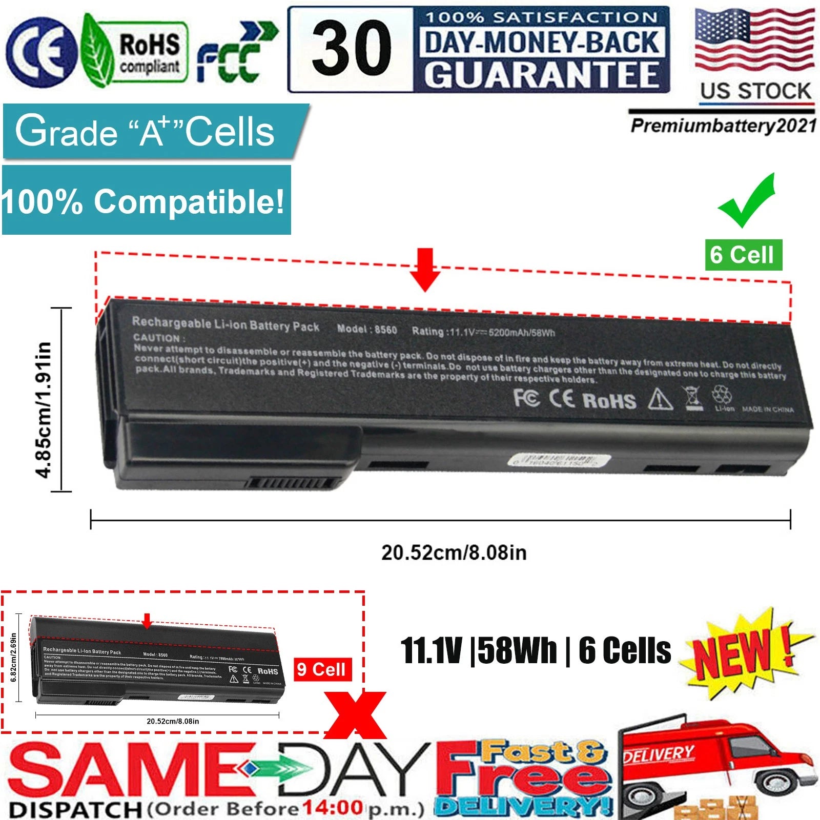 NEW Battery for HP EliteBook 8460W 8460P 8560P 8470P Prob 6560b 6460b 6360b CC06