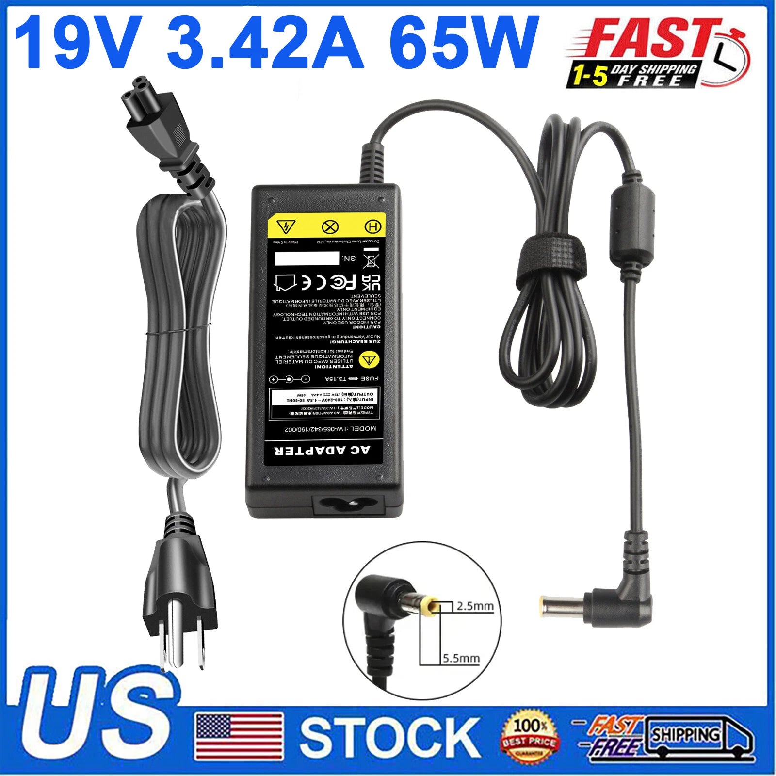 19V 3.42A 65W Laptop AC Adapter Charger for Toshiba Acer ASUS Power Supply