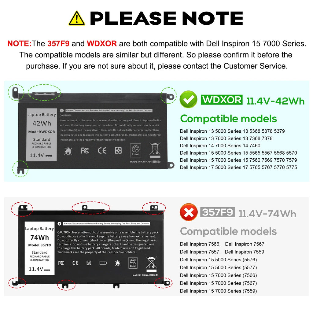 Battery For Dell Inspiron 17 5000 series 17 5765 5767 5770 14 7460 3CRH3 WDXOR