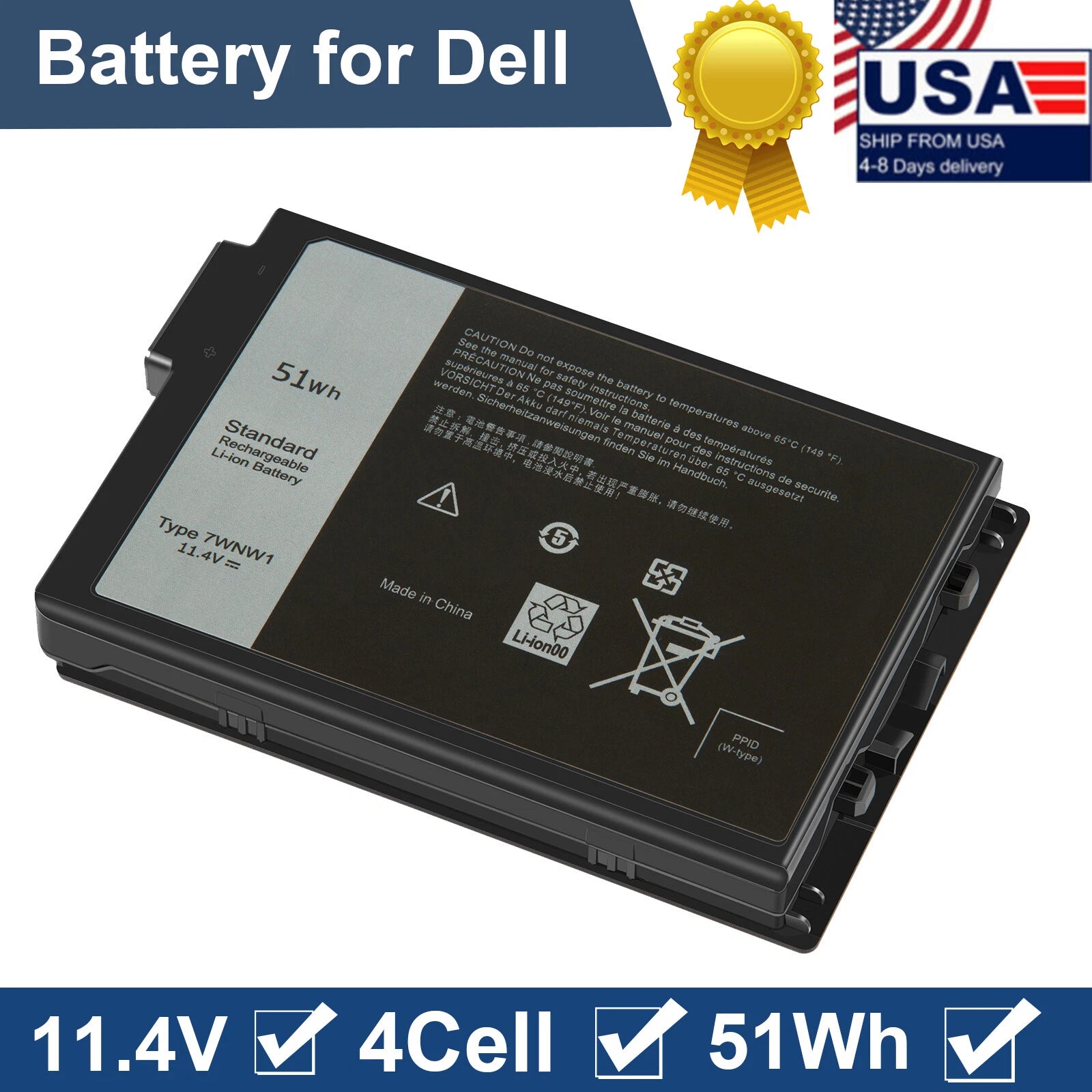7WNW1 51WH Laptop Battery for Dell Latitude 7424 5424 5420 Rugged Notebook