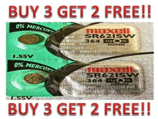 364 MAXELL WATCH BATTERIES SR621SW (2 piece) SR621 SW364 New BUY 3 GET 2 FREE!!
