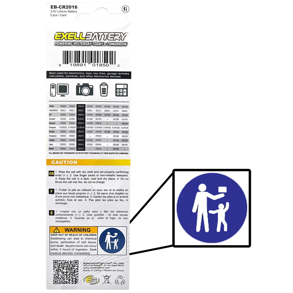 Exell Battery 5-Pack 3V Coin Cell Batteries Compatible with ECR2016 BR2016