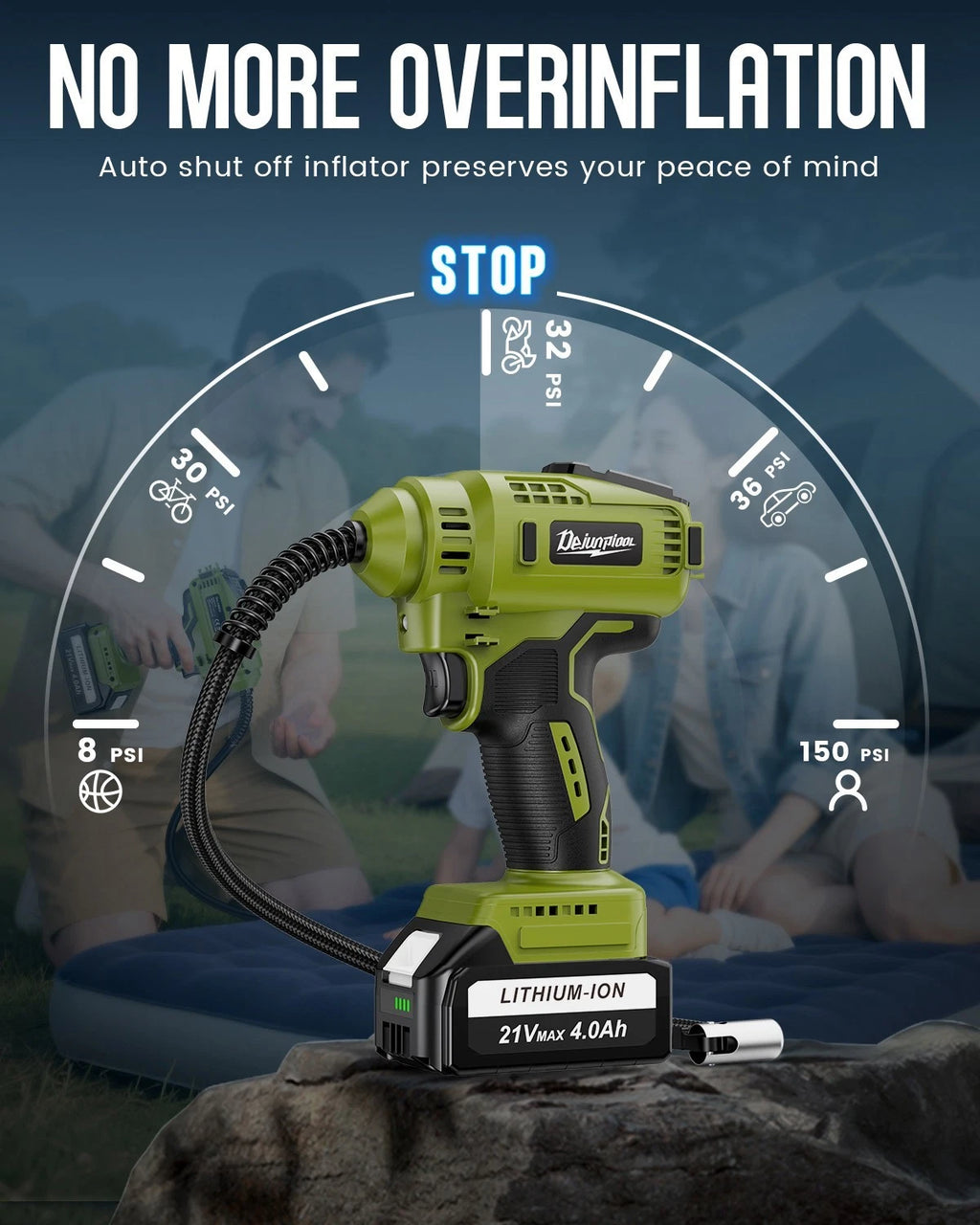 150PSI Cordless Car Tire Pump 21V Rechargeable Battery Powered Air Compressor