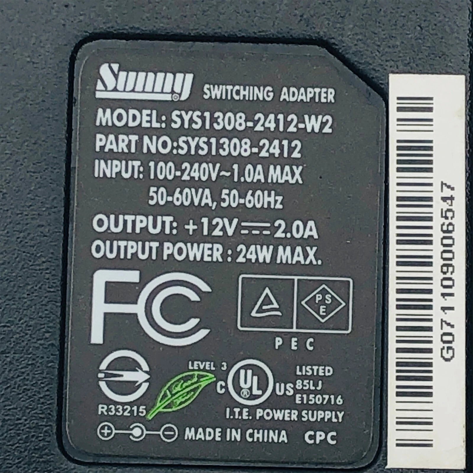 NEW Original Sunny AC Power Adapter SYS1308-2412-W2 12V 2A 24W - Free Shipping