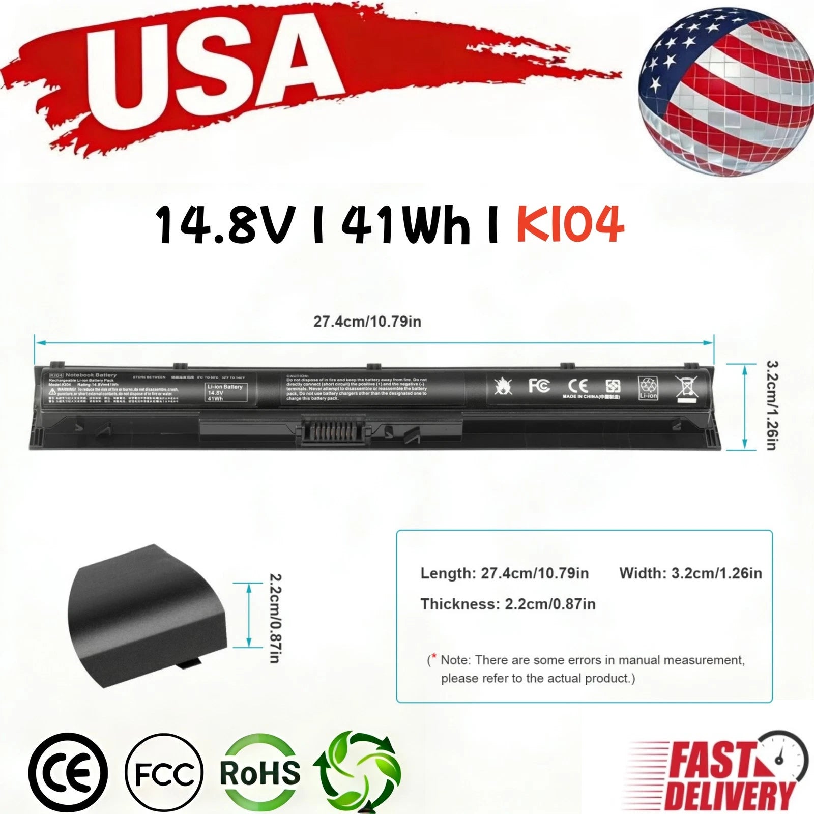 KI04 Laptop Battery for HP HSTNN-LB6S HSTNN-LB6R 800049-001 800010-421 TPN-Q158