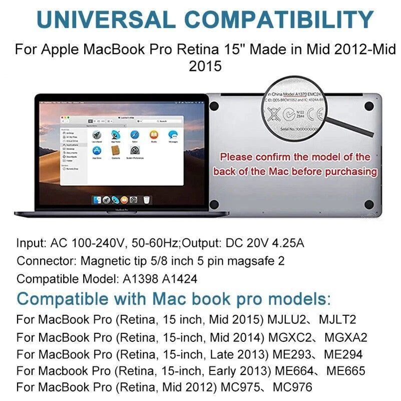 85W Power Adapter Charger for Macbook Pro 15'' 2015 2014 2013 A1424 A1398 Gen2