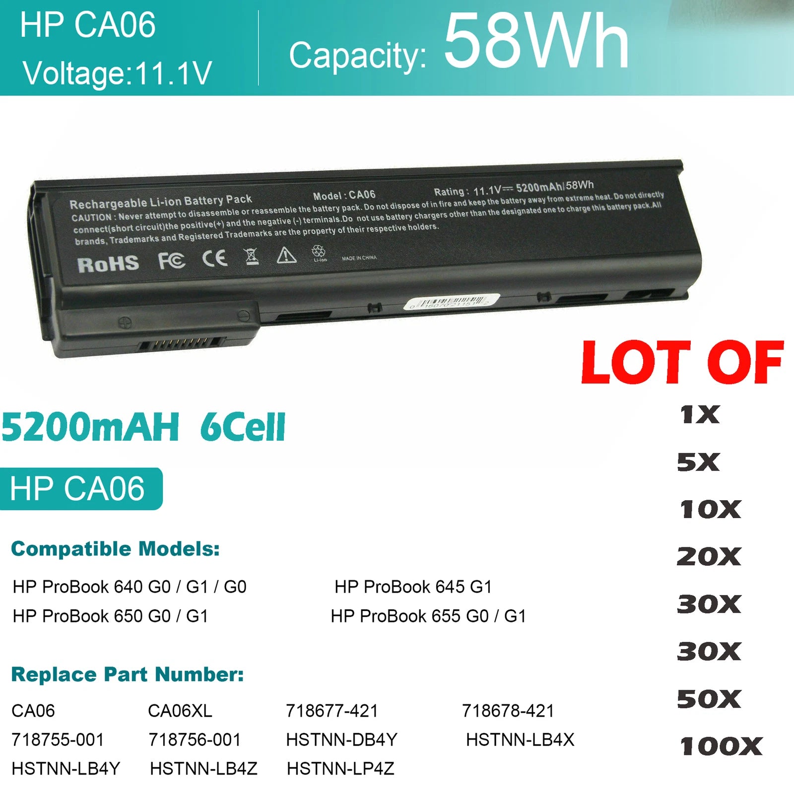??LOT CA06 CA06XL Battery For HP ProBook 640 645 650 655 G0 G1 718756-001 6Cell