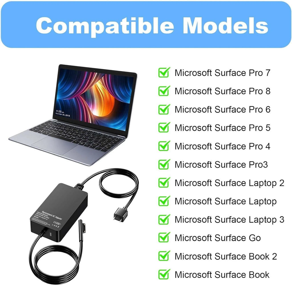 65W 44W 1706 1950 1943 Charger Compatible with Microsoft Surface Pro 9 8 7+ 7 6